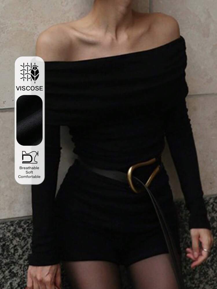 Women's Off Shoulder Frill Trim Fitted Solid T-Shirt, Black, Spring/Summer/Autumn Long Sleeve Women Tops,Fall Women Clothes