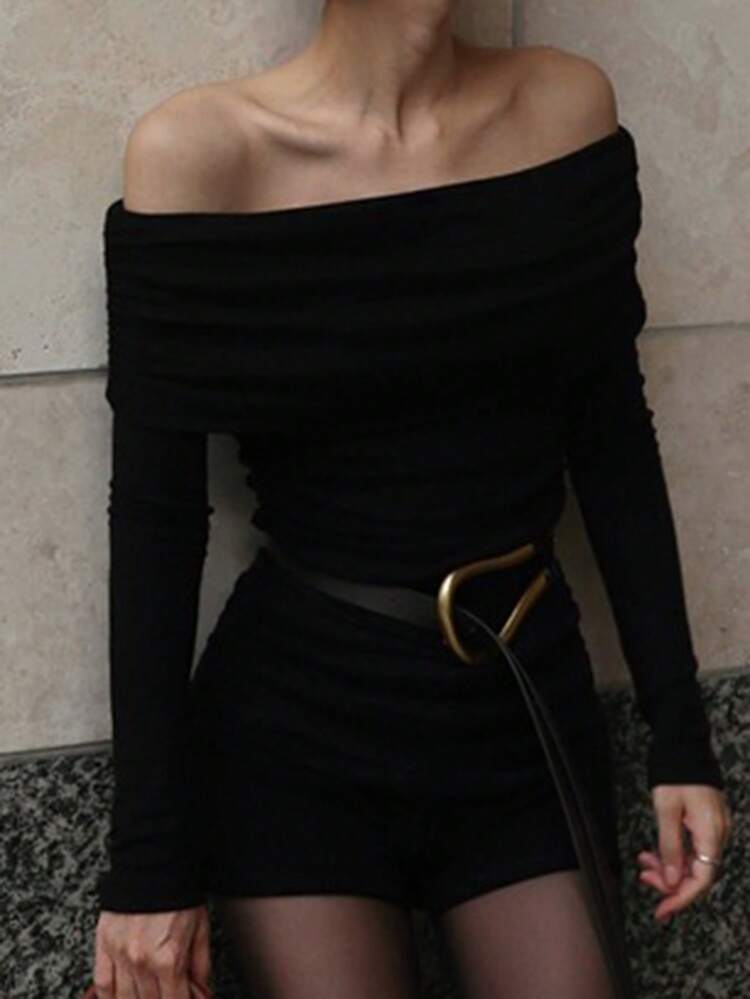 Women's Off Shoulder Frill Trim Fitted Solid T-Shirt, Black, Spring/Summer/Autumn Long Sleeve Women Tops,Fall Women Clothes