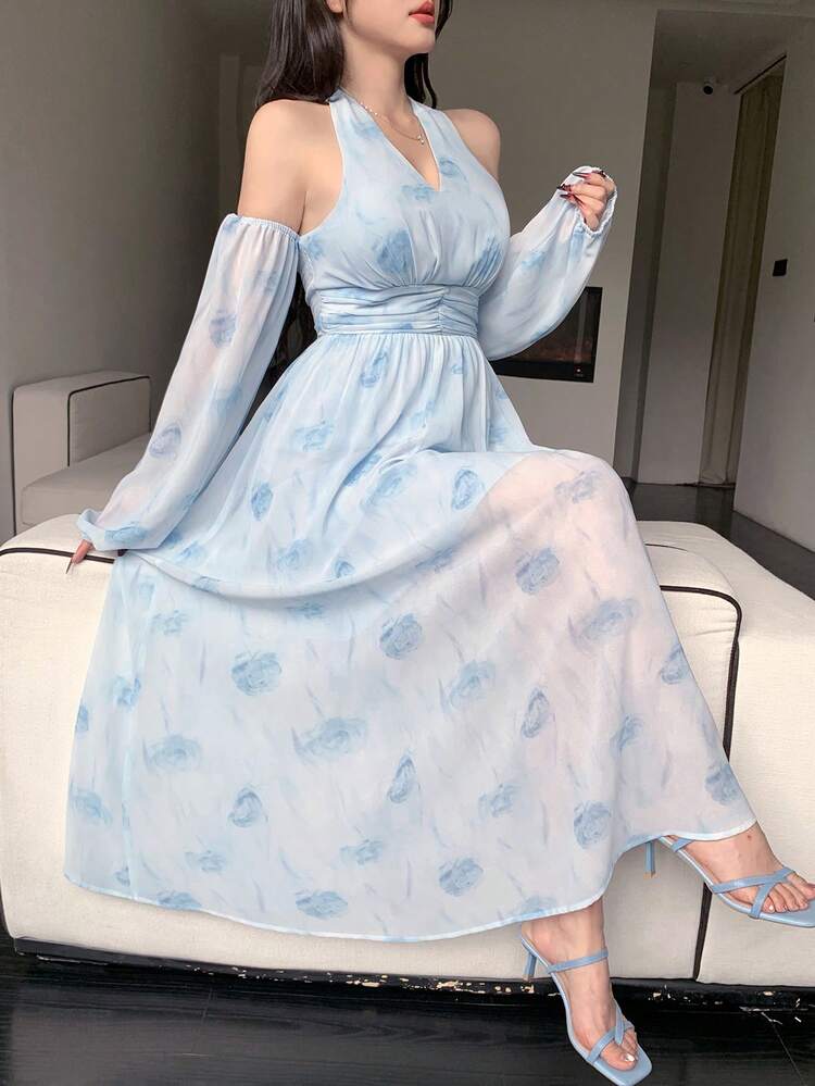Women's Ditsy Floral Chiffon Dress With Cinching Waist, Hollow Out High Low Hem, Knee Length Boho,Fall Dress Long Sleeve Dress Cruise Outfit For Women