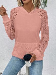 SHEIN LUNE Women's Contrast Lace Raglan Sleeve Hooded Sweatshirt With Pockets, Fashion Graduation,Back To School Outfits,Graduation,Teacher Outfits For Women,Back To School - Pink - View 4