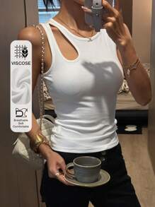 DAZY 女式镂空设计休闲修身无袖上衣 Y2K - 白色 - 查看 9