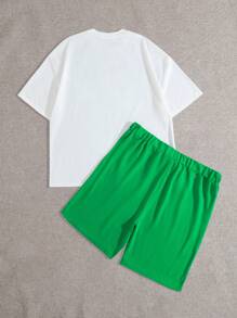 SHEIN Manfinity Dauomo Men's Cartoon Print Round Neck Short Sleeve Casual T-Shirt & Shorts Set - Green - View 2