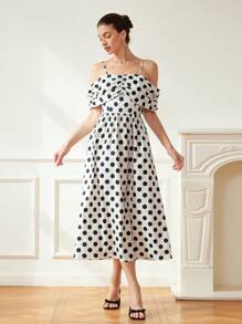 Aveloria Rosie Off-The-Shoulder Vintage Polka Dot Ruched Long Dress Elegant Fashionable Style All Over Print ROMANTIC Style Inspiration For Summer - Black and White - View 1