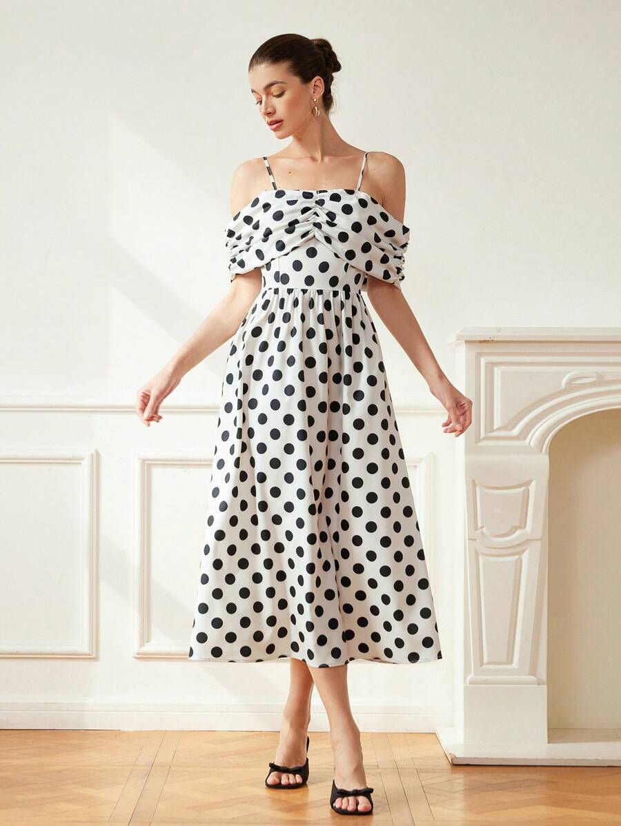 Aveloria Rosie Off-The-Shoulder Vintage Polka Dot Ruched Long Dress Elegant Fashionable Style All Over Print ROMANTIC Style Inspiration For Summer - Black and White - View 1