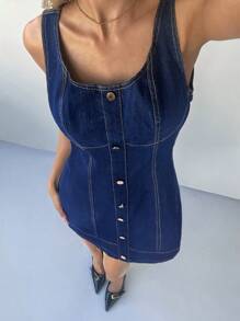 Forever 21 Spring New Square Neck Sleeveless Dark Wash Denim Mini A-Line High Street Casual Denim Dress For Women - Medium Wash - View 6