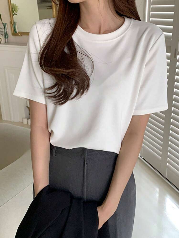 Solid Color Round Neck Short Sleeve T-Shirt,Business Casual Women