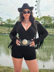 Flirla Modischer Jumpsuit in Große Größen mit V-Ausschnitt und Quastendesign, in Schwarz, für Festival, Boho, Hippie, Cowgirl, Old Money Stil - Schwarz - Übersicht 3