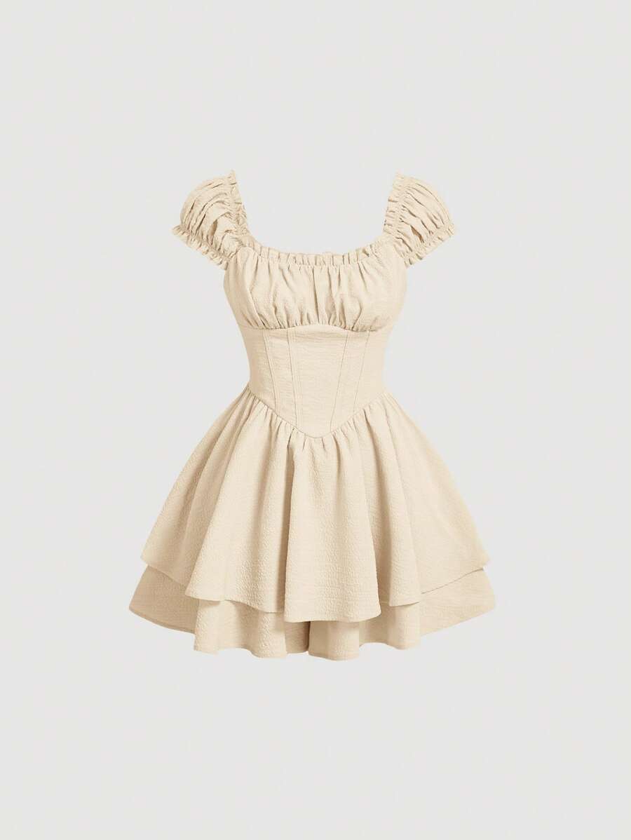 SHEIN MOD Solid Frill Trim Ruched Bust Ruffle Hem White Cap Sleeves Double Hem Skort Romper - Apricot - View 1