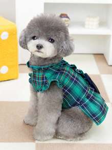 PETSIN 绿色春夏甜美时尚JK风格经典格子蝴蝶结装饰皮带小狗裙 - 綠色 - 查看 3