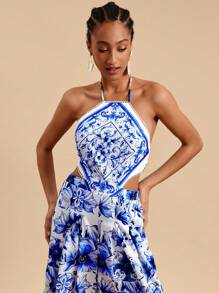 Travachic 女士编织蓝白花朵印花露肩露背吊带宽松连体裤，夏季女士服装 - 藍白色 - 查看 6