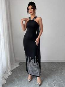 Elenzga Women's Elegant Solid Black High-End Rhinestone Embellished Dress - Black - View 5