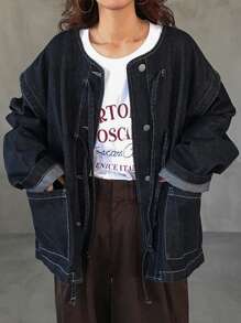 FRIFUL Women Solid Color Pocket Twist Front Button Casual Long Sleeve Denim Shirt,Back To School Clothes,Jeans Jacket,Fall Women Clothes - Blue - View 2