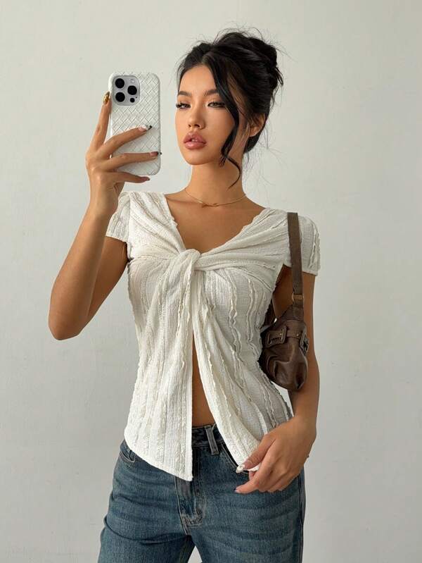 Siren Gaze Women's Solid Color Ruffle Top,Twisted Texture Front Slit Hem T-Shirt, Reversible Design,Beach For Woman,Concert Women,Boho Style,Cute Summer Tops