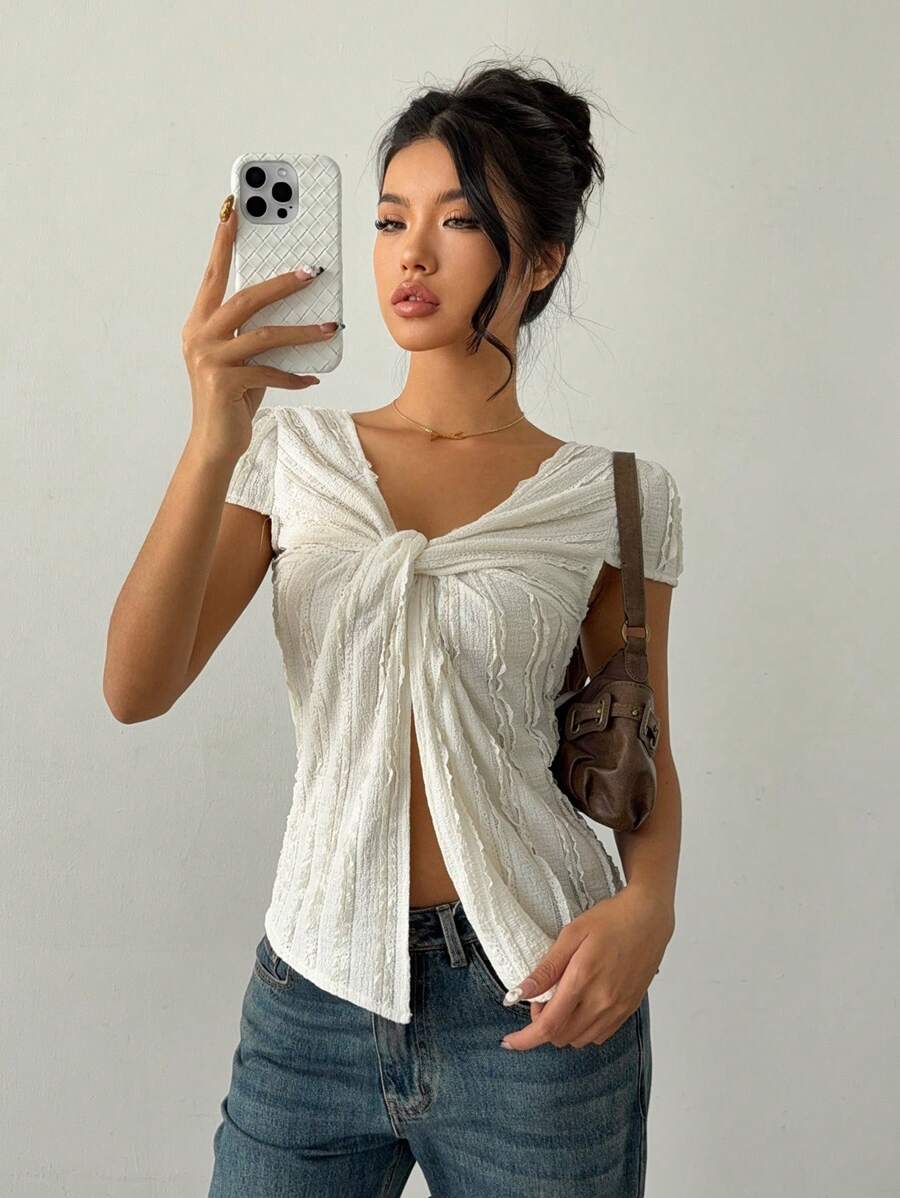 Siren Gaze Women's Solid Color Ruffle Top,Twisted Texture Front Slit Hem T-Shirt, Reversible Design,Beach For Woman,Concert Women,Boho Style,Cute Summer Tops - Apricot - View 1