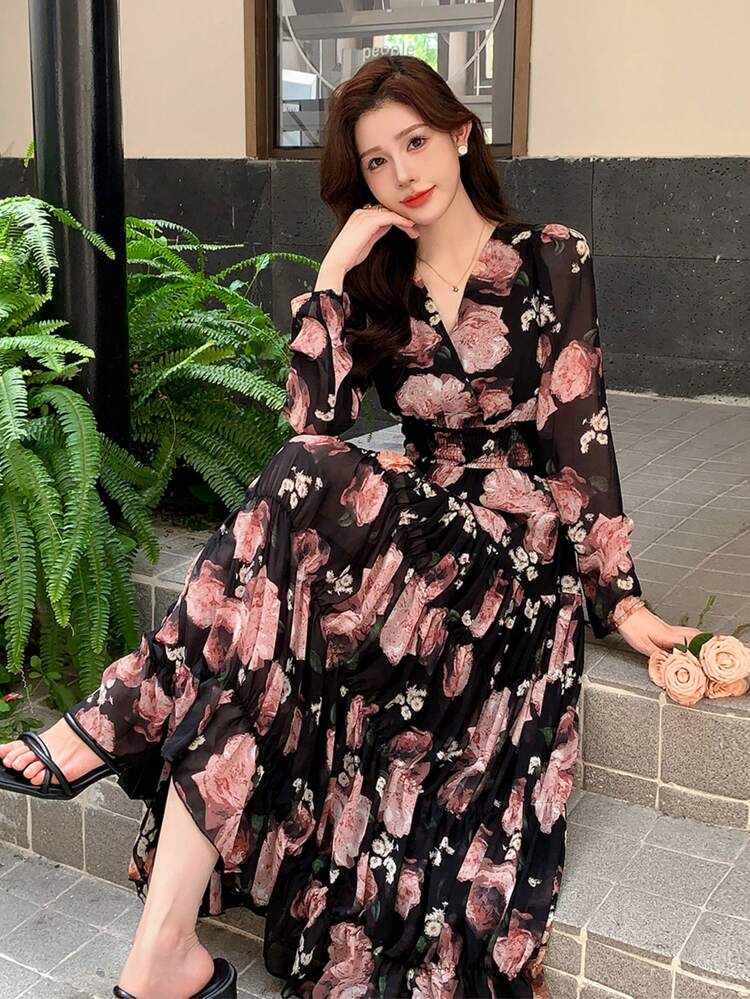 Women's V-Neck Full Floral Print Chiffon Dress,Ruffle,Fall Clothes Long Sleeve Dress Vacation Outfits Women