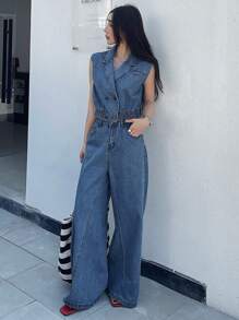 DAZY 1 Set Women Washed Denim Cropped Vest And Wide Leg Pants - Medium Wash - View 8