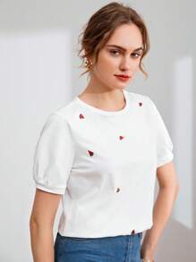Muchica Puff Sleeve Embroidery Watermelon Tee - White - View 4