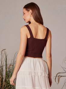 WESTFADE Square Neck Fitted Lace Up Bow Tie Front Tassel Trim Pointelle Knit Top Spring Summer Vacation - Brown - View 3