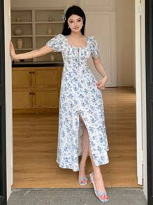 DAZY Blue & White Porcelain Ditsy Floral Waist Cinched Split Hem Tea-Length Dress For Women Summer,Milkmaid Dress Sundress Vacation Outfits Women - Blue - View 8