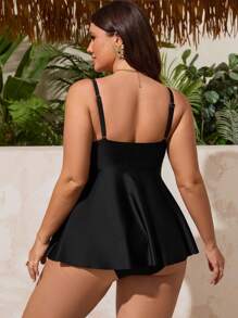 Swim Lushoire Plus Size Women 2pcs Solid Color Spaghetti Strap Low Neckline Underwired Push Up Hollow Out Tummy Control Elegant Split Swimwear Set, Casual Vacation Style For Summer - Black - View 2