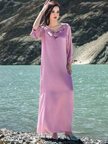 Layrah 休闲优雅长袖长裙，简约风格，适合日常穿着，卡夫坦和贾拉比亚，女士奢华晚礼服，端庄 - 粉色 - 查看 5