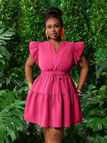 Slaydiva New Casual Resort Round Neck & V-Neck Ruffle Trim Elasticated Waist Bow Decor Multi-Layered Flare Hem A-Line Mini Dress, Green, Plus Size - M