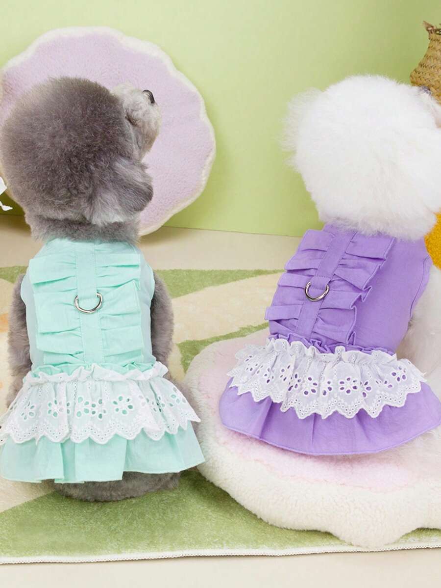 PETSIN Purple Elegant Minimalist High-Low Ruffle Hem Butterfly Decor Skirt, Suitable For Spring/Summer, Pet Leash Design - Purple - View 1