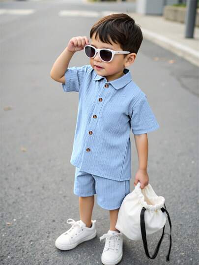 SHEIN Young Boy Solid Button Front Shirt & Shorts Without Tee Summer Holiday