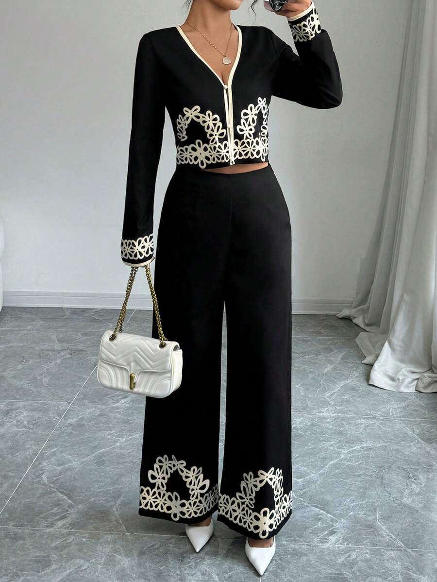 Siren Gaze 2pcs Women Solid Color Patchwork Floral Prints Long Sleeve Top And Pants Set,Colour-Blocked Edges Women Clothing Sets,Commute Daily Wear,Suitable For Spring And Autumn