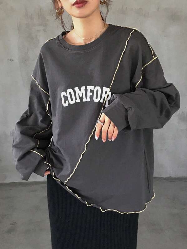 FRIFUL Women's Contrast Color Loose T-Shirt, Printed,Fall Clothes Long Sleeve Women Tops
