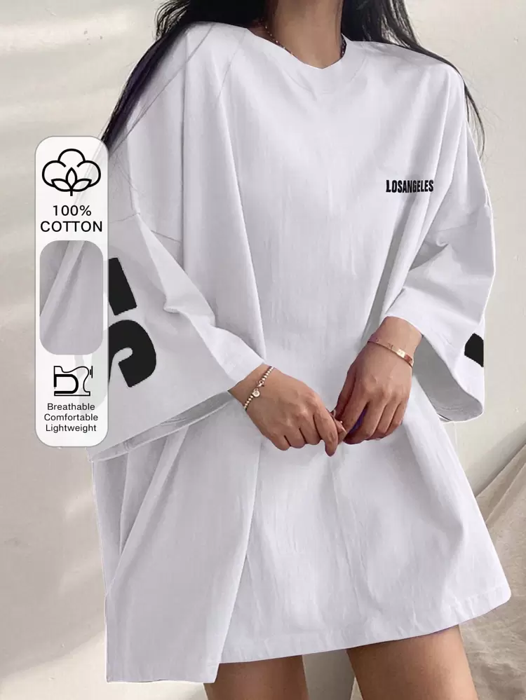 Women's Summer Loose Fit Round Neck Drop Shoulder Sleeve Letter Printed Casual T-Shirt Oversized T-Shirt