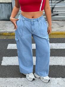 SHEIN ICON 大码女式阔腿休闲松紧腰洗水牛仔工装裤 - 淺藍色 - 查看 5
