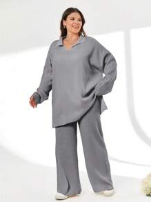 EURMUSE 2pcs/Set Solid Color Turn-Down Collar Sweater And Long Pants Outfit - Light Grey - View 6