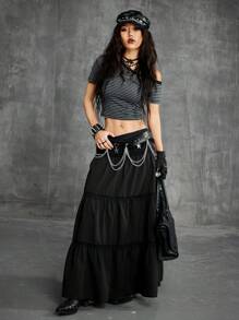 SHEIN EZwear Women's Spring And Summer Country Festival Outfits Vintage Ruffle Lace Maxi Skirt