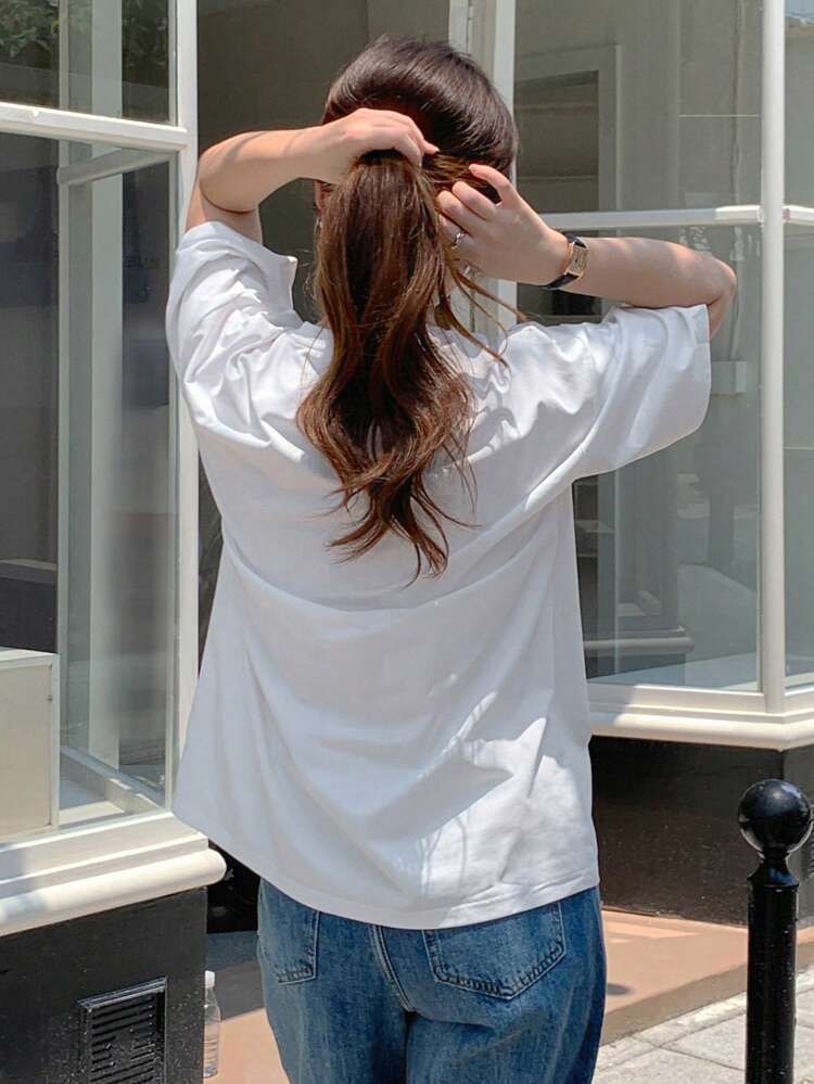 Bow Embroidered Loose Fit Short Sleeve Round Neck Women T-Shirt,Fall Clothes Preppy Tops