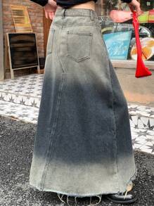 DAZY 女士口袋做旧磨损下摆长款休闲牛仔裙夏季牛仔裙 - 藍色 - 查看 6