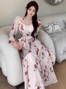 DAZY 印花泡泡袖中长款女式连衣裙，荷叶边，秋季长袖连衣裙 - 杏色 - 查看 11
