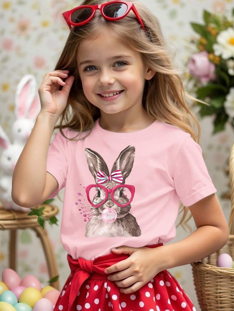 Tween Girl Casual Rabbit Print Short Sleeve T-Shirt, Summer