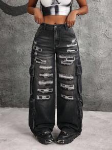 SHEIN ICON Jeans casuales anchos con pierna suelta, bolsillos cargo y rasgados para mujer