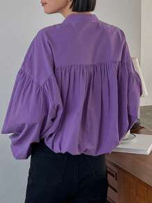 FRIFUL Women's Fashionable Loose Fit Solid Color Stand Collar Shirt, All Match,Fall Clothes - Purple - View 2