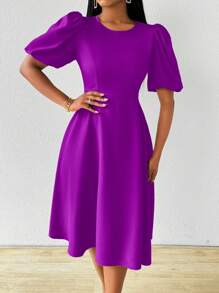 Lunelith SHEIN Lunessa Long Puff Sleeve V-Neck Gathered Waist Flared Hem Green Dress, For Spring & Summer - Violet Purple - View 6