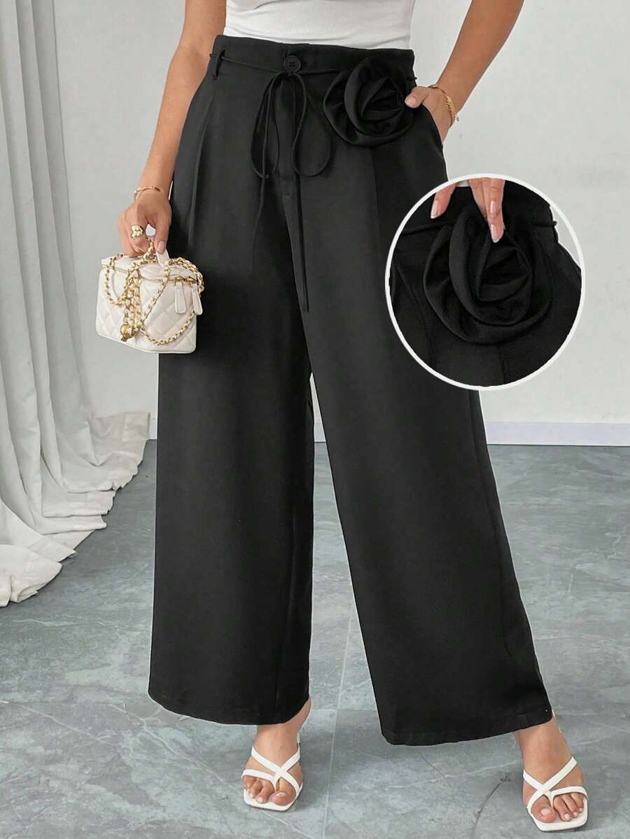SHEIN Unity Pantalón ancho casual y holgado de unicolor en talla grande - Negro - Ver 1