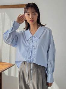 FRIFUL Women's Drop Shoulder Blouse With Front Lace Up Long Sleeve Top - Blue - View 7