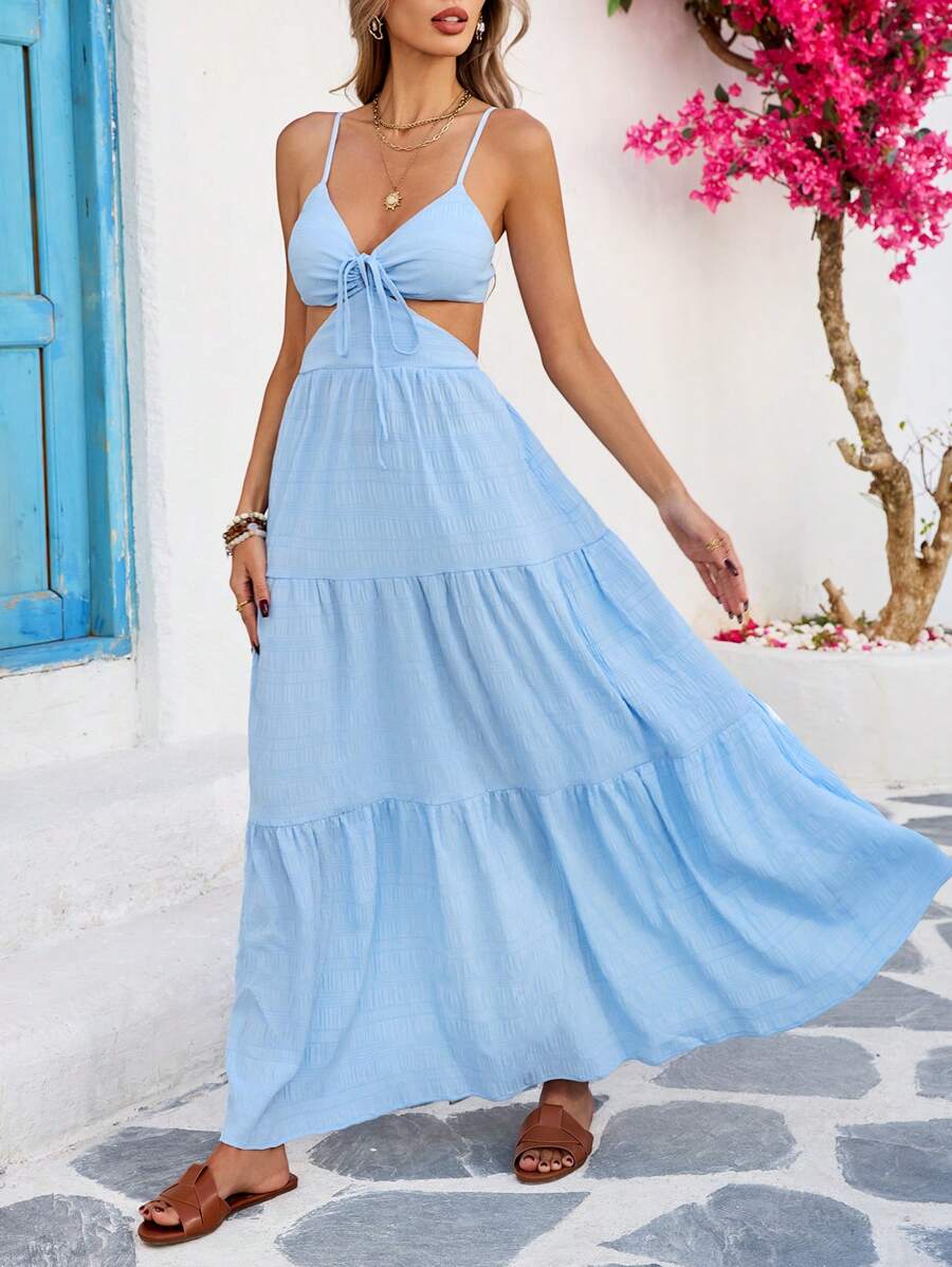 SHEIN VCAY Vestido de tirantes con abertura en la cintura, lazo delantero, volantes en el bajo y espalda descubierta, en color liso para vacaciones, para mujer