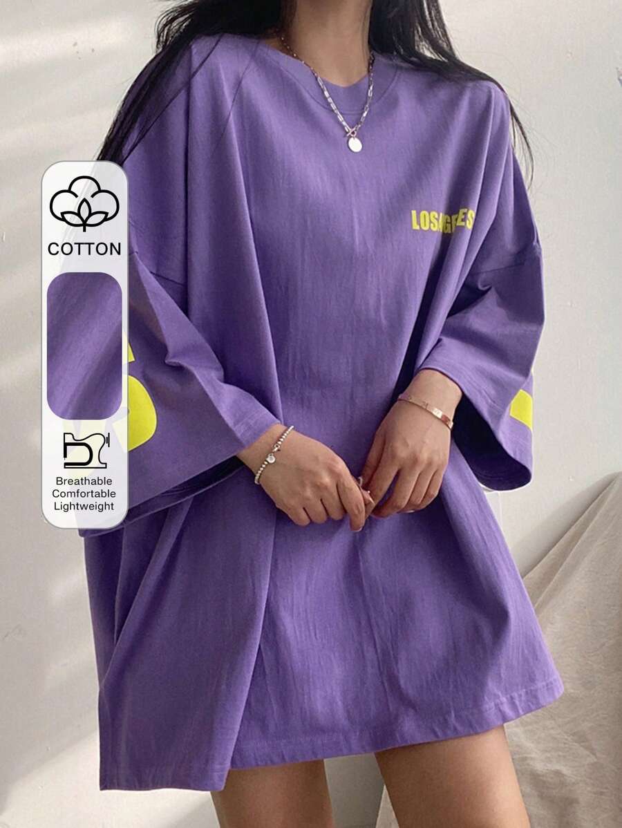 DAZY Short Sleeve Drop Shoulder T-Shirt With Letter Print Oversized T-Shirt