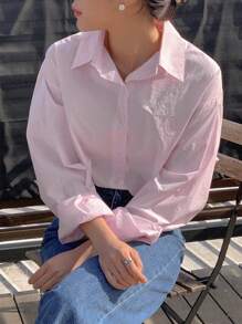 DAZY Letter Patched Drop Shoulder Shirt Long Sleeve Top - Baby Pink - View 6