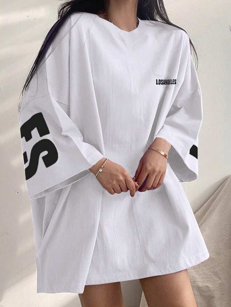 Women's Summer Loose Fit Round Neck Drop Shoulder Sleeve Letter Printed Casual T-Shirt Oversized T-Shirt