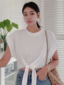 DAZY Camiseta Sólida Con Nudo En Dobladillo