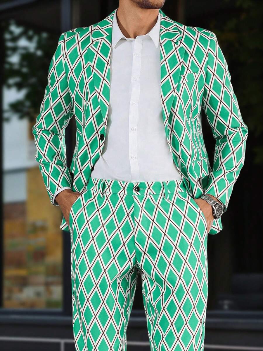 Manfinity AFTRDRK 男士缺口翻领钻石格纹绿色撞色派对日常穿着西装外套西裤套装，男士两件套西装，男友礼物 - 綠色 - 查看 1
