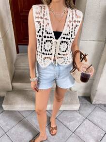 SHEIN Frenchy Women's Floral Hollow-Out Lace-Up Front Camisole, For Vacation